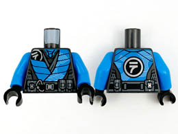 Torso Tunic Pearl Dark Gray Ninjago Logogram N, Dark Azure Panels, Dark Bluish Gray Mesh and Belt Pattern / Dark Azure Arms / Black Hands : {титаниево метален}