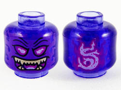 Minifigure, Head Alien Ghost with Dark Purple Face, Magenta Eyes and Open Mouth and Gold Sharp Teeth Pattern: {прозрачно ярко синьо-виолетов}