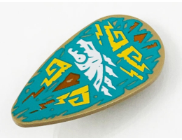 Minifigure, Shield Ovoid with White Dragon Head and Bright Light Orange Filigree on Dark Turquoise Background Pattern: {пясъчно жълт}