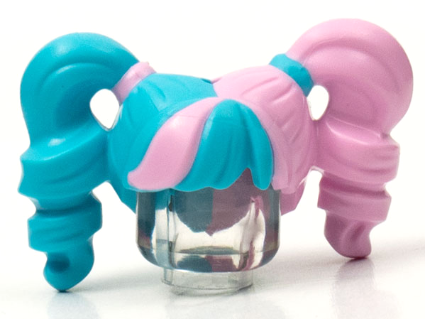 Minifigure, Hair Female Pigtails High Bouncy, Hole on Top with Bright Pink Hair on Left Side and Tie on Right Side Pattern: {умерено небесносин}