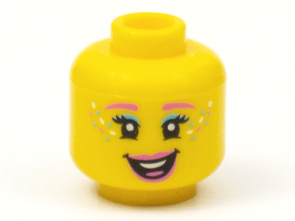 Minifigure, Head Female Dark Pink Eyebrows and Lips, Medium Azure Eye Shadow and Sprinkles Pattern - Hollow Stud: {ярко жълт}