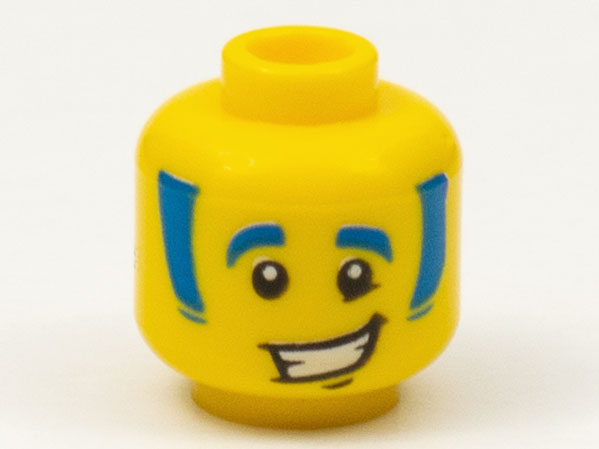 Minifigure, Head Blue Eyebrows and Sideburns with Lopsided Grin with Teeth Pattern - Hollow Stud: {ярко жълт}