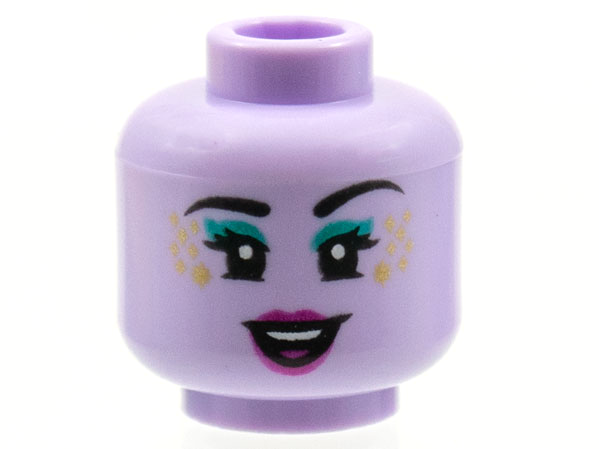 Minifigure, Head Female Black Eyebrows, Eyelashes, Dark Turquoise Eye Shadow, Gold Sparkles, Magenta Lips, Open Mouth Smile with Top Teeth and Tongue Pattern - Hollow Stud: {лавандулов}