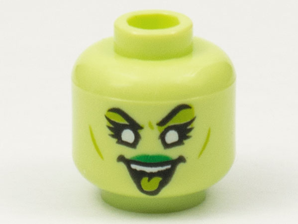 Minifigure, Head Alien Female Banshee with Green Lips, White Eyes, and Lime Tongue and Eye Shadow Pattern - Hollow Stud: {пролетно жълто-зелен}