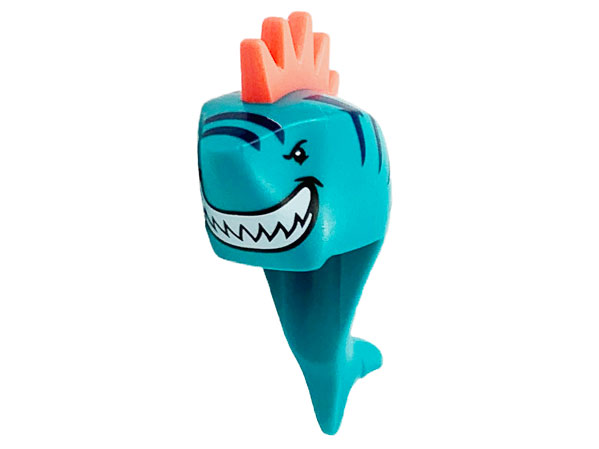 Minifigure, Head, Modified Shark with Coral Spiked Hair, Fin, Tail, Dark Blue Stripes and Wide Grin with Teeth Pattern: {ярко синьо-зелен}