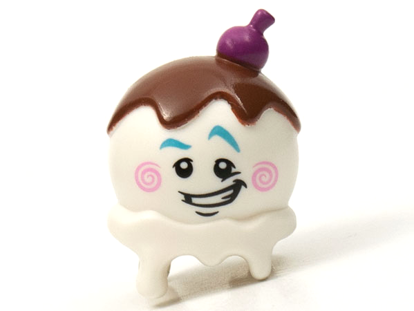 Minifigure, Head, Modified Ice Cream Scoop with Purple Cherry, Reddish Brown Topping, Medium Azure Eyebrows and Bright Pink Cheek Spirals Pattern: {бял}
