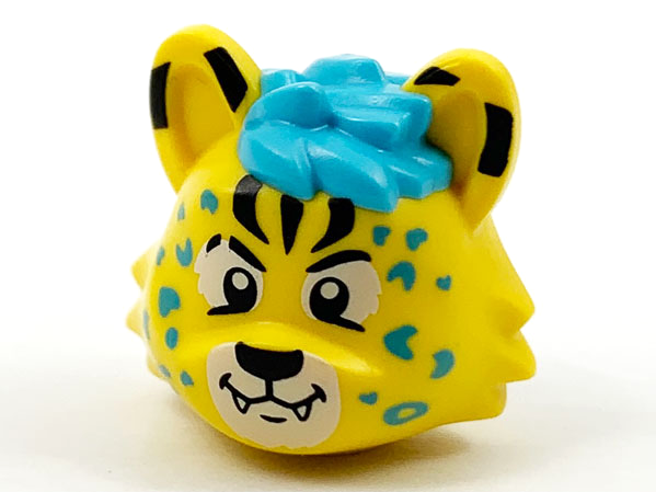 Minifigure, Head, Modified Cat with Medium Azure Hair and Rosettes, Black Markings, Eyes and Nose Pattern: {ярко жълт}