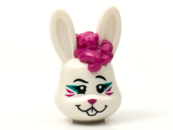 Minifigure, Head, Modified Bunny Rabbit with Magenta Curly Hair, Whiskers and Nose Pattern: {бял}