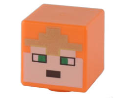 Minifigure, Head, Modified Cube with Pixelated Light Nougat Face, Green Eyes, and Gold Crown Pattern (Minecraft Royal Warrior): {ярко оранжев}