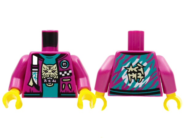 Torso Jacket with White Strap and Checkered Badge, Dark Turquoise Shirt with Tan Tiger Head, Stripes and Circle on Back Pattern / Magenta Arms / Yellow Hands: {ярко червеникаво-виолетов}