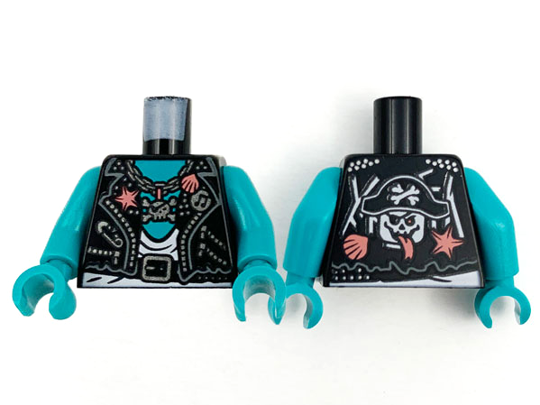 Torso Biker Vest, Coral and Silver Trim with Skull and Crossbones Pendant, White Shirt and Dark Turquoise Chest, Pirate Skull on Back Pattern / Dark Turquoise Arms / Dark Turquoise Hands: {черен}