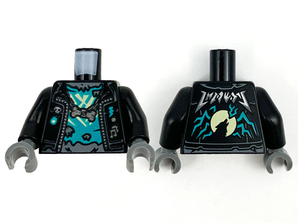 Torso Biker Jacket, Dark Turquoise and Pearl Dark Gray Trim, Dark Turquoise Tattered Shirt, Bone Pendant Pattern / Black Arms / Dark Bluish Gray Hands: {черен}