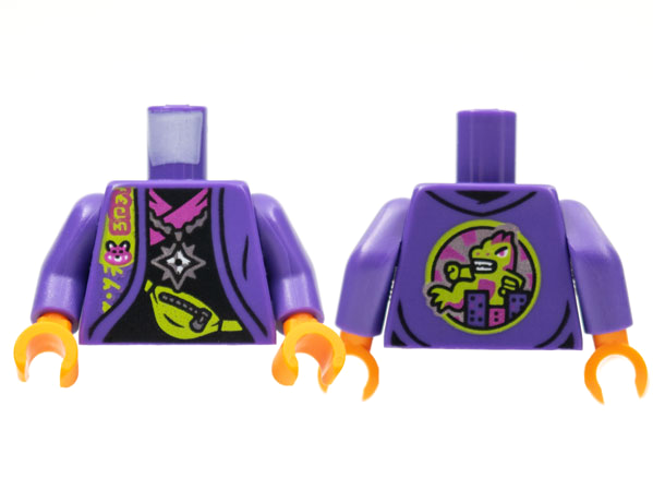 Torso Jacket Black Shirt with Magenta Hem, Silver Star Pendant, Lime Pouch with Zipper, Monster on Back Pattern / Dark Purple Arms / Orange Hands: {светло виолетов}