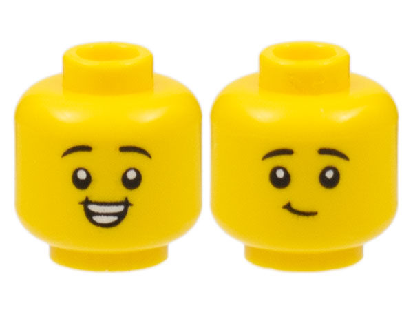 Minifigure, Head Dual Sided Child, Black Eyebrows, Smile with Teeth / Lopsided Grin Pattern - Hollow Stud: {ярко жълт}