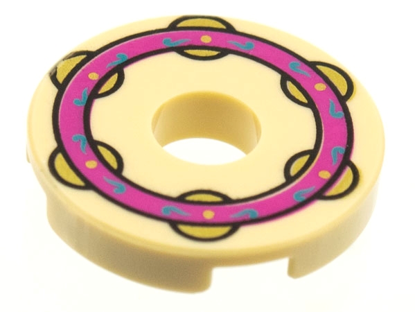 Tile, Round 2 x 2 with Hole with Magenta Ring with Dark Azure Filigree and Gold Jingles Pattern (Musical Instrument, Tambourine): {тухлено жълт}