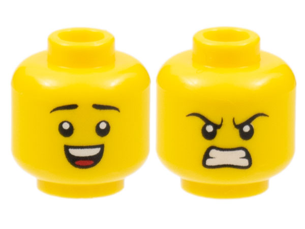 Minifigure, Head Dual Sided, Black Eyebrows, Smile with Teeth and Tongue / Scowl Pattern - Hollow Stud: {ярко жълт}