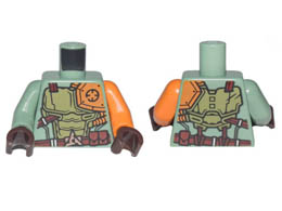 Torso Ninjago Olive Green and Orange Body Armor with Dark Red Belt and 3 Pouches Pattern / Orange Arm Left / Sand Green Arm Right / Dark Brown Hands : {пясъчно зелен}