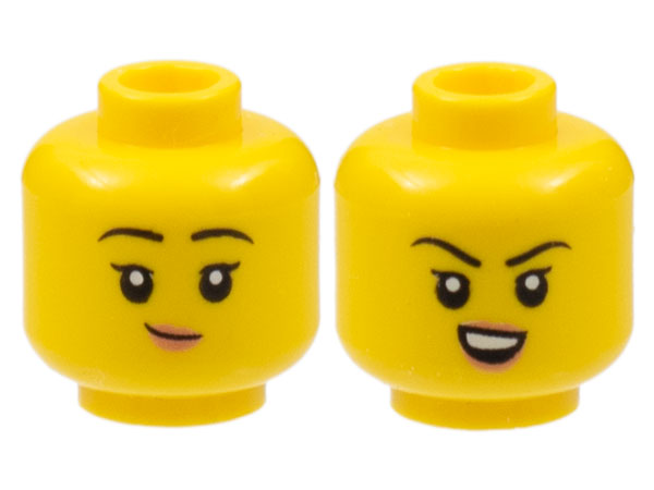 Minifigure, Head Dual Sided Child Female Black Eyebrows, Peach Lips, Lopsided Grin / Open Smile with Teeth Pattern - Hollow Stud: {ярко жълт}