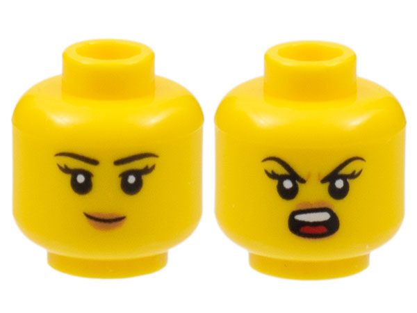 Minifigure, Head Dual Sided Female, Black Eyebrows, Peach Nougat Lips, Grin / Roaring Pattern - Hollow Stud: {ярко жълт}