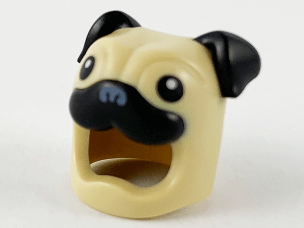 Minifigure, Headgear Head Cover, Costume Pug Dog with Black Ears, Eyes and Muzzle Pattern: {тухлено жълт}