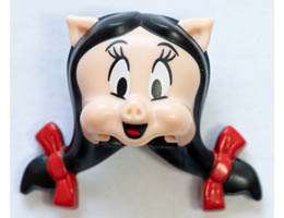 Minifigure, Head, Modified Looney Tunes Petunia Pig with Black Hair, Red Bows and Tongue Pattern: {светло нуга}