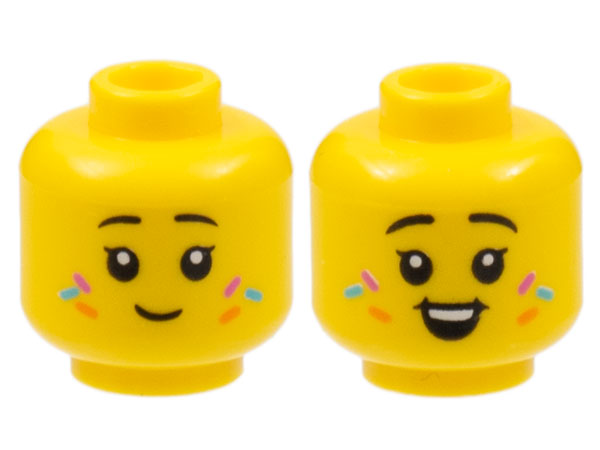Minifigure, Head Dual Sided Child Female Black Eyebrows, Dark Azure, Orange, and Magenta Sprinkles, Grin / Open Smile with Teeth Pattern - Hollow Stud: {ярко жълт}