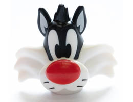 Minifigure, Head, Modified Looney Tunes Sylvester with Red Nose, White Face and Neck Pattern: {черен}