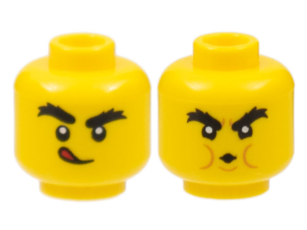 Minifigure, Head Dual Sided, Black Bushy Eyebrows, Licking Lips / Blowing House Down Pattern - Hollow Stud: {ярко жълт}