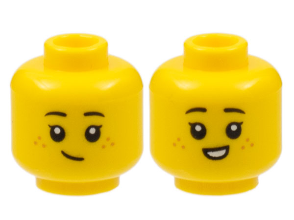 Minifigure, Head Dual Sided Child Female Black Eyebrows, Medium Nougat Freckles, Lopside Grin / Small Smile with Teeth Pattern - Hollow Stud: {ярко жълт}