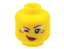 Minifigure, Head Female Magenta Eyebrows, Hearts, and Lips, Light Aqua Eye Shadow, Right Winking Pattern - Hollow Stud: {ярко жълт}