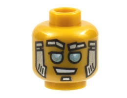 Minifigure, Head Alien Robot with Silver Eyebrows and Soul Patch, Gold Sideburns, and Metallic Light Blue Eyes Pattern - Hollow Stud : {топло златист}