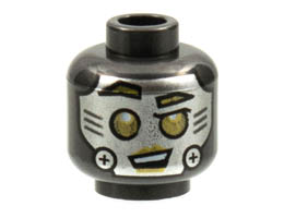 Minifigure, Head Alien Robot with Silver Face, Screws on Cheeks, and Gold Eyes, Eyebrows, and Lips Pattern - Hollow Stud: {титаниево метален}