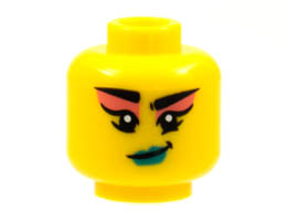 Minifigure, Head Female Black Eyebrows, Coral Eye Shadow, Smirk with Dark Turquoise Lips Pattern - Hollow Stud: {ярко жълт}