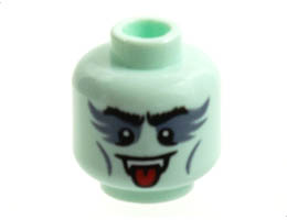 Minifigure, Head Black Eyebrows, Dark Bluish Gray Eye Shadow and Cheek Lines, Fangs, Open Mouth with Tongue Pattern - Hollow Stud: {аквамарин}