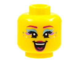 Minifigure, Head Female Magenta Eyebrows, Metallic L Blue and Medium Lavender Eye Shadow, Spots, Magenta Lips, Singing Open Mouth Pattern - Hollow Stud : {ярко жълт}