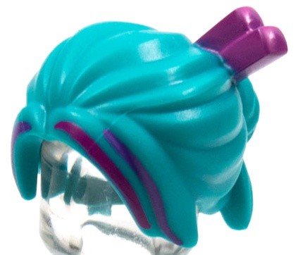 Minifigure, Hair Female Loose Bun with Magenta Chopsticks, Dark Purple Highlights Pattern: {ярко синьо-зелен}