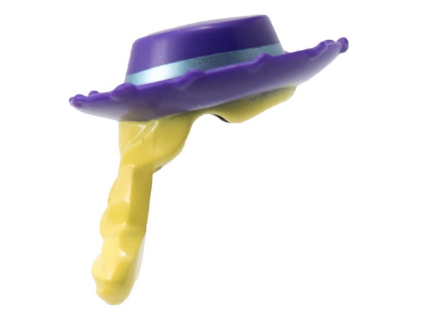 Minifigure, Hair Combo, Hat with Hair, Bright Light Yellow Long Braid with Hole for Pin on Back, Wide Cowboy Hat with Metallic Light Blue Ribbon Pattern: {светло виолетов}