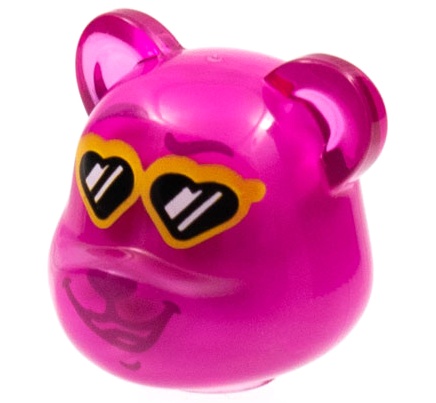 Minifigure, Head, Modified Bear with Molded Dark Pink Core and Printed Magenta Eyebrows, Nose and Mouth, Yellow Heart Sunglasses with Black Lenses Pattern: {прозрачен умерено червеникаво виолетов}