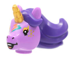 Minifigure, Head, Modified Unicorn with Molded Dark Purple Mane and Printed Gold Horn, Freckles, and Dark Turquoise and Coral Lightning Bolts Pattern : {умерено лавандулов}