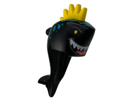Minifigure, Head, Modified Shark with Yellow Spiked Hair, Fin, Tail, Dark Turquoise Spots and Wide Grin with Teeth, Coral Tongue Pattern : {черен}
