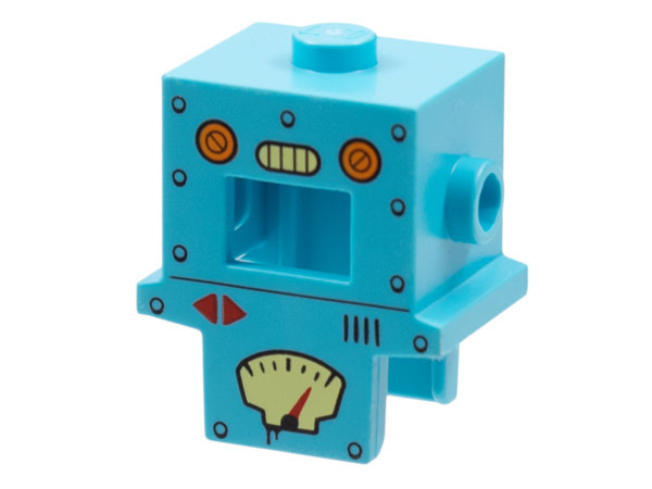 Minifigure, Headgear Head Cover, Costume Cardboard Robot with Rivets and Gauges Pattern: {умерено небесносин}