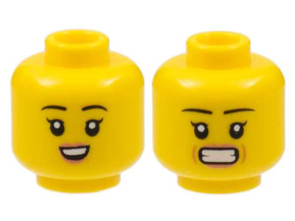 Minifigure, Head Dual Sided Female, Black Eyebrows, Peach Lips, Small Smile with Teeth / Stressed Pattern - Hollow Stud: {ярко жълт}