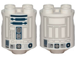 Brick, Round 2 x 2 x 2 Robot Body with Gray Lines and Dark Blue Pattern on Both Sides (R2-D2): {бял}