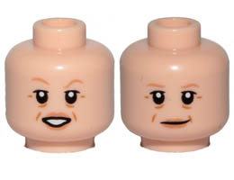 Minifigure, Head Dual Sided Female, Nougat Eyebrows, Cheek Lines, Lips, Open Mouth Smile / Smile Pattern - Hollow Stud: {светло нуга}