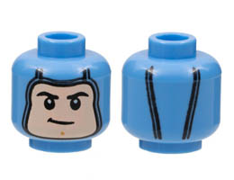 Minifigure, Head Balaclava, Light Nougat Face, Black Eyebrows, Lopsided Grin, Medium Nougat Chin Cleft Pattern - Hollow Stud: {умерено син}