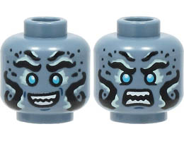Minifigure, Head Dual Sided Alien with Black and Light Aqua Eyebrows and Markings, Medium Azure Eyes, Open Mouth Smile / Angry with Bared Teeth Pattern - Hollow Stud : {пясъчно син}