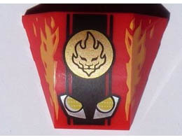 Wedge 4 x 3 Triple Curved No Studs with Yellow and Silver Headlights, Gold Ninjago Fire Power Emblem and Flames Pattern: {ярко червен}