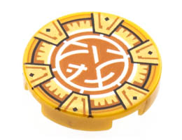 Tile, Round 2 x 2 with Bottom Stud Holder with Gold Frame with 6 Chevrons, Dark Orange and White Core Logo Pattern: {топло златист}