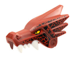 Dragon Head (Ninjago) Jaw Upper with Four White Teeth per Side with Yellow Eyes and Black and Red Markings Pattern: {нов тъмно червен}