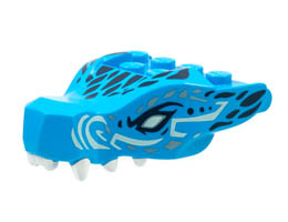 Dragon Head (Ninjago) Jaw with 2 Bar Handles on Back with Light Aqua Eyes, White Teeth, and Black and Metallic Light Blue Scales Pattern : {тъмно небесносин}